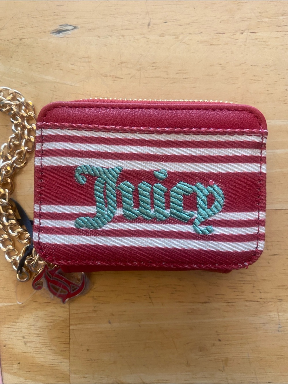 Juicy Couture Red Striped Zip wallet Id Card Holder w Chain & JC charm NWT - Picture 2 of 8